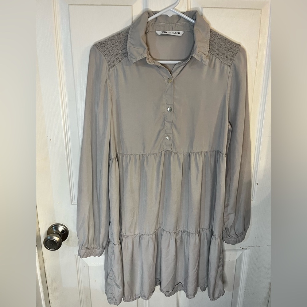 Zara Gray Tiered Babydoll Dress Preppy Academia Retro 90s Y2K Casual Size XS